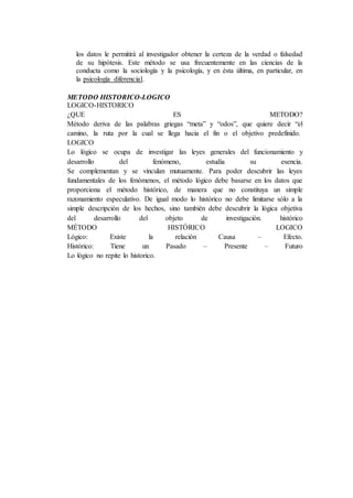 los datos le permitirá al investigador obtener la certeza de la verdad o falsedad
de su hipótesis. Este método se usa frecuentemente en las ciencias de la
conducta como la sociología y la psicología, y en ésta última, en particular, en
la psicología diferencial.
METODO HISTORICO-LOGICO
LOGICO-HISTORICO
¿QUE ES METODO?
Método deriva de las palabras griegas “meta” y “odos”, que quiere decir “el
camino, la ruta por la cual se llega hacia el fin o el objetivo predefinido.
LOGICO
Lo lógico se ocupa de investigar las leyes generales del funcionamiento y
desarrollo del fenómeno, estudia su esencia.
Se complementan y se vinculan mutuamente. Para poder descubrir las leyes
fundamentales de los fenómenos, el método lógico debe basarse en los datos que
proporciona el método histórico, de manera que no constituya un simple
razonamiento especulativo. De igual modo lo histórico no debe limitarse sólo a la
simple descripción de los hechos, sino también debe descubrir la lógica objetiva
del desarrollo del objeto de investigación. histórico
MÉTODO HISTÓRICO LOGICO
Lógico: Existe la relación Causa – Efecto.
Histórico: Tiene un Pasado – Presente – Futuro
Lo lógico no repite lo historico.
 