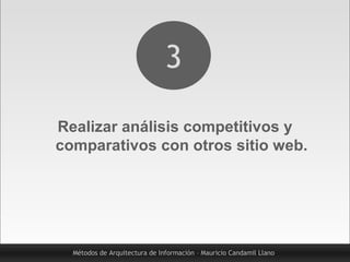 Realizar análisis competitivos y comparativos con otros sitio web. Métodos de Arquitectura de Información – Mauricio Canda...