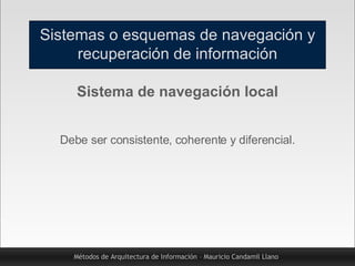 Métodos de Arquitectura de Información – Mauricio Candamil Llano Sistema de navegación local Debe ser consistente, coheren...