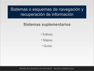 Métodos de Arquitectura de Información – Mauricio Candamil Llano Sistemas suplementarios <ul><li>Índices. </li></ul><ul><l...