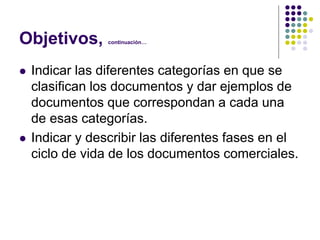 Objetivos,       continuación…




   Indicar las diferentes categorías en que se
    clasifican los documentos y dar ejemplos de
    documentos que correspondan a cada una
    de esas categorías.
   Indicar y describir las diferentes fases en el
    ciclo de vida de los documentos comerciales.
 