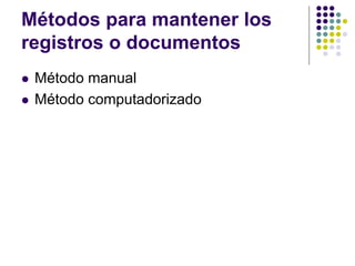 Métodos para mantener los
registros o documentos
   Método manual
   Método computadorizado
 