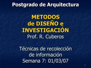 Postgrado de Arquitectura METODOS de DISEÑO e INVESTIGACIÓN Prof. R. Cuberos Técnicas de recolección de información Semana 7: 01/03/07 