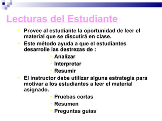 Lecturas del Estudiante
  • Provee al estudiante la oportunidad de leer el
    material que se discutirá en clase.
  • Este método ayuda a que el estudiantes
    desarrolle las destrezas de :
               • Analizar
               • Interpretar
               • Resumir
  • El instructor debe utilizar alguna estrategia para
    motivar a los estudiantes a leer el material
    asignado.
               • Pruebas cortas
               • Resumen
               • Preguntas guías
 