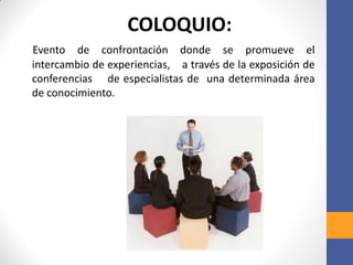 COLOQUIO:
Evento de confrontación donde se promueve el
intercambio de experiencias, a través de la exposición de
conferencias de especialistas de una determinada área
de conocimiento.
 