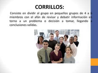 CORRILLOS:
Consiste en dividir al grupo en pequeños grupos de 4 a 6
miembros con el afán de revisar y debatir información en
torno a un problema o decisión a tomar, llegando a
conclusiones validas.
 