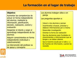 Objetivo Aumentar las competencias de actuar en forma independiente del alumno, mediante la información, planificación, decisión, realización, control y evaluación Despertar el interés y exigir el aprendizaje independiente de los alumnos Adquirir conocimientos en forma independiente (individual o colectivamente) La intervención del profesor es de apoyo y consejería Los alumnos trabajan sólos o en pareja Las preguntas apuntan a: Inducir a los alumnos a pensar Incentivarlos a buscar, procesar y elaborar informaciones por si mismo Desarrollar investigación Orientar la forma de realización Que las decisiones sean fundadas en conocimientos e informaciones que se tengan o se deban obtener Que el alumno acuda por sí sólo a  a las fuentes de información, cuando las necesite La formación en el lugar de trabajo 