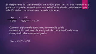 Kps = [Cl⁻]
√ K*ps √[CrO4²⁻] = 7.10⁻⁵
Como en el punto de equivalencia se cumple que la
concentración de iones plata es igual a la concentración de iones
cloro y todo ello a su vez es igual a :
√ Kps = √ 10⁻¹⁰= 10⁻⁵M
Si despejamos la concentración de catión plata de las dos constantes y
pasamos a igualar, obtendremos una relación de donde deduciremos que la
relación de las concentraciones de ambos iones es:
 