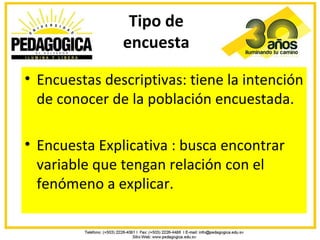 Tipo de
               encuesta

• Encuestas descriptivas: tiene la intención
  de conocer de la población encuestada.

• Encuesta Explicativa : busca encontrar
  variable que tengan relación con el
  fenómeno a explicar.
 