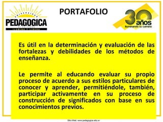 PORTAFOLIO


Es útil en la determinación y evaluación de las
fortalezas y debilidades de los métodos de
enseñanza.

Le permite al educando evaluar su propio
proceso de acuerdo a sus estilos particulares de
conocer y aprender, permitiéndole, también,
participar activamente en su proceso de
construcción de significados con base en sus
conocimientos previos.
 