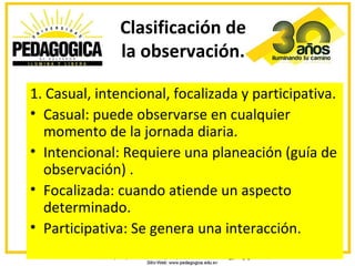 Clasificación de
              la observación.

1. Casual, intencional, focalizada y participativa.
• Casual: puede observarse en cualquier
  momento de la jornada diaria.
• Intencional: Requiere una planeación (guía de
  observación) .
• Focalizada: cuando atiende un aspecto
  determinado.
• Participativa: Se genera una interacción.
 