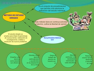 Sus principios básicos son   Estudiar con el alumno  estimulándolo  y ayudándolo  en la preparación  de su tarea. Dirigir el  trabajo del  alumno sin  hacerlo por  el. Atención  particular a las  necesidades  individuales de cada estudiante. Reducir al  mínimo tiempo  destinado  a estudiar  en casa. Enseñar a los  alumnos  como estudiar  con eficiencia  MÉTODO DE ESTUDIO  DIRIGIDO   Es el conjunto de procedimientos que permite a los alumnos la  realización del estudio individual. Este método tiene en continua actividad  al alumno ,cultiva la libertad de opinión . El estudio dirigido se  emplea para dirigir el aprendizaje de nuevos temas, realización de investigaciones, análisis y  resolución de nuevos problemas . TECNICA: ARBOL ORGANIZADOR 