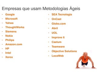 Empresas que usam Metodologias Ágeis
Fábio Aguiar
! Google
! Microsoft
! Yahoo
! ThoughtWorks
! Siemens
! Nokia
! Philips
! Amazon.com
! HP
! Intel
! Xerox
! SEA Tecnologia
! OnCast
! Globo.com
! Abril
! UOL
! Improve It
! Caelum
! Teamware
! Objective Solutions
! LocaWeb
 