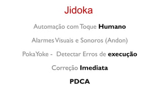 Jidoka
   Automação com Toque Humano

   Alarmes Visuais e Sonoros (Andon)

PokaYoke - Detectar Erros de execução

         Correção Imediata

                PDCA
 