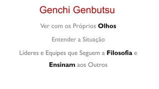 Genchi Genbutsu
       Ver com os Próprios Olhos

           Entender a Situação

Líderes e Equipes que Seguem a Filosofia e
          Ensinam aos Outros
 