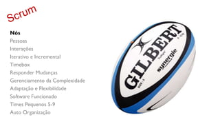 Nós
Pessoas
Interações
Iterativo e Incremental
Timebox
Responder Mudanças
Gerenciamento da Complexidade
Adaptação e Flexibilidade
Software Funcionado
Times Pequenos 5-9
Auto Organização
 
