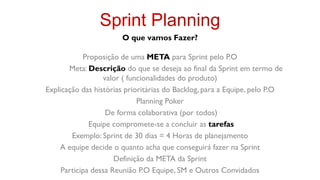 Sprint Planning
                       O que vamos Fazer?

            Proposição de uma META para Sprint pelo P.O
       Meta: Descrição do que se deseja ao final da Sprint em termo de
                  valor ( funcionalidades do produto)
Explicação das histórias prioritárias do Backlog, para a Equipe, pelo P.O
                             Planning Poker
                   De forma colaborativa (por todos)
              Equipe compromete-se a concluir as tarefas
        Exemplo: Sprint de 30 dias = 4 Horas de planejamento
    A equipe decide o quanto acha que conseguirá fazer na Sprint
                      Definição da META da Sprint
     Participa dessa Reunião P.O Equipe, SM e Outros Convidados
 