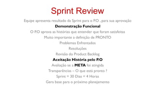 Sprint Review
Equipe apresenta resultado da Sprint para o P.O , para sua aprovação
                   Demonstração Funcional
    O P.O aprova as histórias que entender que foram satisfeitas
            Muito importante a definição de PRONTO
                      Problemas Enfrentados
                            Resoluções
                    Revisão do Product Backlog
                  Aceitação História pelo P.O
                 Avaliação se a META foi atingida
               Transparências – O que está pronto ?
                    Sprint = 30 Dias = 4 Horas
             Gera base para o próximo planejamento
 