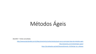 Métodos Ágeis
26Jul2017 - Fontes consultadas:
http://www.projectbuilder.com.br/blog-home/entry/conhecimentos/quais-sao-os-principais-tipos-de-metodos-ageis
http://www.brq.com/metodologias-ageis/
https://pt.wikipedia.org/wiki/Desenvolvimento_%C3%A1gil_de_software
 