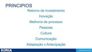 www.konia.com.br 
PRINCIPIOS 
Retorno de investimento 
Inovação 
Melhoria de processo 
Pessoas 
Cultura 
Comunicação 
Adaptação x Antecipação 
 