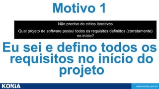 Qual projeto de software possui todos os requisitos definidos (corretamente) 
www.konia.com.br 
Motivo 1 
Não preciso de ciclos iterativos 
no início? 
Eu sei e defino todos os 
requisitos no início do 
projeto 
 