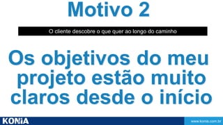 www.konia.com.br 
Motivo 2 
O cliente descobre o que quer ao longo do caminho 
Os objetivos do meu 
projeto estão muito 
claros desde o início 
 
