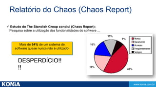 www.konia.com.br 
Relatório do Chaos (Chaos Report) 
 Estudo do The Standish Group conclui (Chaos Report): 
Pesquisa sobre a utilização das funcionalidades do software ... 
Mais de 64% de um sistema de 
software quase nunca não é utilizado! 
DESPERDÍCIO!! 
!! 
 