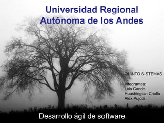 QUINTO SISTEMAS

                          Integrantes:
                          Luis Cando
                          Huashington Criollo
                          Alex Pujota



Desarrollo ágil de software
 