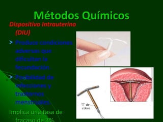 Métodos Químicos Dispositivo Intrauterino (DIU) Produce condiciones adversas que dificultan la fecundación. Posibilidad de infecciones y trastornos menstruales. Implica una tasa de fracaso de 3%. 