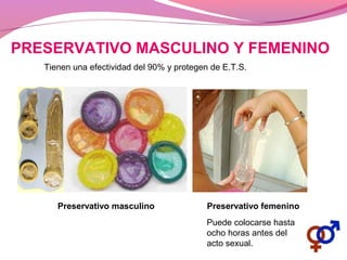 Tienen una efectividad del 90% y protegen de E.T.S.
PRESERVATIVO MASCULINO Y FEMENINO
Preservativo masculino Preservativo femenino
Puede colocarse hasta
ocho horas antes del
acto sexual.
 