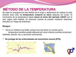 MÉTODO DE LA TEMPERATURA
Se basa en averiguar los días fértiles de la mujer y abstenerse de realizar el coito
durante esos días: la temperatura corporal se eleva después de ovular. El
incremento de la temperatura basal marca el inicio del 'periodo infértil' por lo
que, según este método, es entonces cuando se pueden mantener relaciones
sexuales sin riesgo de embarazo.
Riesgos:
 No es un método muy fiable, porque hay que tener en cuenta que la
temperatura también puede alterarse por otros motivos (cambio emocional,
resfriado, tensión, etc.) y provocar confusiones.
 No protege de las enfermedades de transmisión sexual (ETS).
 