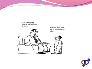 Hijo, creo que es
hora de que hablemos
de sexo.
Muy bien papá. Dime
qué es lo que quieres
saber.
 