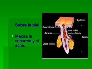 Sobre la piel Mejora la seborrea y el acné.  