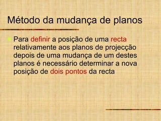 Método da mudança de planos Para  definir  a posição de uma  recta  relativamente aos planos de projecção depois de uma mudança de um destes planos é necessário determinar a nova posição de  dois pontos  da recta 