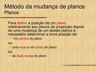 Método da mudança de planos Planos Para  definir  a posição de um  plano  relativamente aos planos de projecção depois de uma mudança de um destes planos é necessário determinar a nova posição de: três pontos  do plano  ou uma  recta  e um  ponto  do plano ou de  duas rectas  do plano 