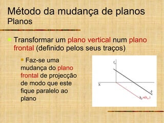 Método da mudança de planos Planos Transformar   um  plano vertical  num  plano frontal  (definido pelos seus traços) Faz-se uma mudança do  plano frontal  de projecção de modo que este fique paralelo ao plano X f  h  X 1  (h  1 ) 