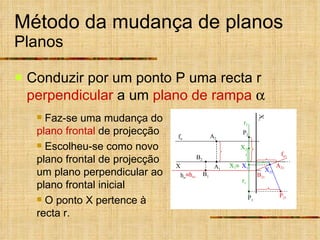 Método da mudança de planos Planos Conduzir por um ponto P uma recta r  perpendicular  a um  plano de rampa    Faz-se uma mudança do  plano frontal  de projecção Escolheu-se como novo plano frontal de projecção um plano perpendicular ao plano frontal inicial O ponto X pertence à recta r. B 21 A 21  h  1 X 1  X h  f  P 1 P 2 A 1 A 2 B 1 B 2 X 1 f  1 P 21 X 11 X 2 X 21 r 1 r 2 