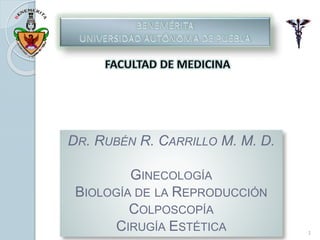 DR. RUBÉN R. CARRILLO M. M. D.
GINECOLOGÍA
BIOLOGÍA DE LA REPRODUCCIÓN
COLPOSCOPÍA
CIRUGÍA ESTÉTICA 1
 