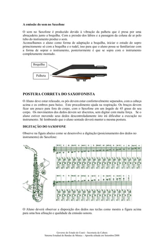A emissão do som no Saxofone

O som no Saxofone é produzido devido à vibração da palheta que é presa por uma
abraçadeira junto a boquilha. Com a pressão dos lábios e a passagem da coluna de ar pelo
tubo do instrumento produz o som.
Aconselhamos o aluno como forma de adaptação a boquilha, iniciar o estudo do sopro
primeiramente só com a boquilha e o tudel, isso para que o aluno possa se familiarizar com
a forma de soprar o instrumento, posteriormente é que se sopra com o instrumento
completamente montado.


       Boquilha


          Palheta




POSTURA CORRETA DO SAXOFONISTA
O Aluno deve estar relaxado, os pés devem estar confortavelmente separados, com a cabeça
acima e os ombros para baixo. Este procedimento ajuda na respiração. Os braços devem
ficar um pouco para fora do corpo, com o Saxofone em um ângulo de 45 graus do seu
corpo. Os movimentos dos dedos devem ser discretos, sem digitar com muita força. Se o
aluno estiver movendo seus dedos descontroladamente isto irá dificultar a execução no
instrumento. Só lembrando que o aluno sentado deverá manter a mesma postura.

DIGITAÇÃO DO SAXOFONE

Observe na figura abaixo como se desenvolve a digitação (posicionamento dos dedos no
instrumento) do Saxofone:




         Posição correta deve               Posição correta deve            Posição incorreta que
         ser aplicada                       ser aplicada                    não deve ser aplicada




O Aluno deverá observar a disposição dos dedos nas teclas como mostra a figura acima
para uma boa afinação e qualidade da emissão sonora.




                              Governo do Estado do Ceará – Secretaria da Cultura
                  Sistema Estadual de Bandas de Música – Apostila editada em Setembro/2008
 