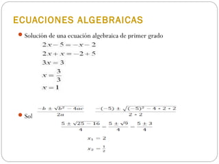 ECUACIONES ALGEBRAICAS
Solución de una ecuación algebraica de primer grado
es solu
Solución de una ecuación algebraica de segundo grado
 