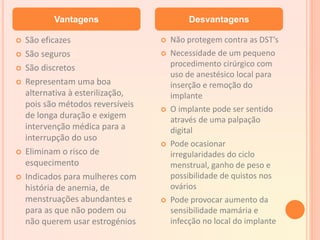  São eficazes
 São seguros
 São discretos
 Representam uma boa
alternativa à esterilização,
pois são métodos reversíveis
de longa duração e exigem
intervenção médica para a
interrupção do uso
 Eliminam o risco de
esquecimento
 Indicados para mulheres com
história de anemia, de
menstruações abundantes e
para as que não podem ou
não querem usar estrogénios
 Não protegem contra as DST’s
 Necessidade de um pequeno
procedimento cirúrgico com
uso de anestésico local para
inserção e remoção do
implante
 O implante pode ser sentido
através de uma palpação
digital
 Pode ocasionar
irregularidades do ciclo
menstrual, ganho de peso e
possibilidade de quistos nos
ovários
 Pode provocar aumento da
sensibilidade mamária e
infecção no local do implante
Vantagens Desvantagens
 