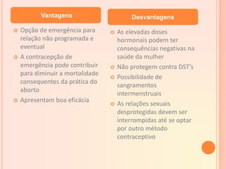  Opção de emergência para
relação não programada e
eventual
 A contracepção de
emergência pode contribuir
para diminuir a mortalidade
consequentes da prática do
aborto
 Apresentam boa eficácia
 As elevadas doses
hormonais podem ter
consequências negativas na
saúde da mulher
 Não protegem contra DST’s
 Possibilidade de
sangramentos
intermenstruais
 As relações sexuais
desprotegidas devem ser
interrompidas até se optar
por outro método
contraceptivo
Vantagens Desvantagens
 