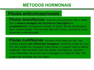 Pílulas anticoncepcionais Pílulas monofásicas:  toma-se uma pílula por dia, e todas têm a  mesma dosagem de hormônios (estrogênio e progesterona) . Começa-se a tomar no quinto dia da menstruação até a cartela acabar. Fica-se sete dias sem tomar, durante os quais sobrevém a menstruação.  Pílulas multifásicas:  toma-se uma pílula por dia, mas  existem pílulas  com diferentes dosagens , conforme a fase do ciclo. Por isso, podem ter dosagens mais baixas, e causam menos efeitos colaterais. São tomadas como as pílulas monofásicas, mas têm cores diferentes, de acordo com a dosagem e a fase do ciclo: não podem ser tomadas fora da ordem.   MÉTODOS HORMONAIS 