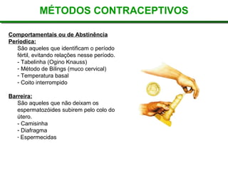 MÉTODOS CONTRACEPTIVOS Comportamentais ou de Abstinência Períodica:   São aqueles que identificam o período fértil, evitando relações nesse período.  - Tabelinha (Ogino Knauss)  Método de Bilings (muco cervical) ‏ Temperatura basal Coito interrompido Barreira:   São aqueles que não deixam os espermatozóides subirem pelo colo do útero. - Camisinha  Diafragma Espermecidas 