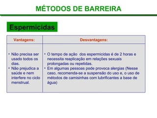 Espermicidas
MÉTODOS DE BARREIRA
• O tempo de ação dos espermicidas é de 2 horas e
necessita reaplicação em relações sexuais
prolongadas ou repetidas.
• Em algumas pessoas pode provoca alergias (Nesse
caso, recomenda-se a suspensão do uso e, o uso de
métodos de camisinhas com lubrificantes a base de
água)
• Não precisa ser
usado todos os
dias.
• Não prejudica a
saúde e nem
interfere no ciclo
menstrual.
Desvantagens:
Vantagens:
 