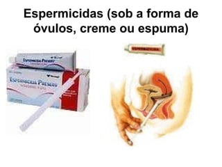 Espermicidas (sob a forma de
óvulos, creme ou espuma)
 