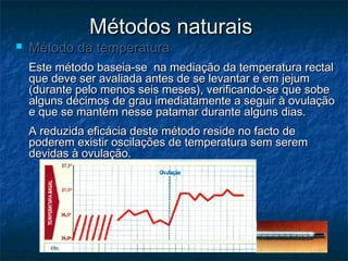 Métodos naturaisMétodos naturais
 Método da temperaturaMétodo da temperatura
Este método baseia-se na mediação da temperatura rectalEste método baseia-se na mediação da temperatura rectal
que deve ser avaliada antes de se levantar e em jejumque deve ser avaliada antes de se levantar e em jejum
(durante pelo menos seis meses), verificando-se que sobe(durante pelo menos seis meses), verificando-se que sobe
alguns décimos de grau imediatamente a seguir à ovulaçãoalguns décimos de grau imediatamente a seguir à ovulação
e que se mantém nesse patamar durante alguns dias.e que se mantém nesse patamar durante alguns dias.
A reduzida eficácia deste método reside no facto deA reduzida eficácia deste método reside no facto de
poderem existir oscilações de temperatura sem serempoderem existir oscilações de temperatura sem serem
devidas à ovulação.devidas à ovulação.
 