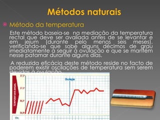 Método da temperatura Este método baseia-se  na mediação da temperatura rectal que deve ser avaliada antes de se levantar e em jejum (durante pelo menos seis meses), verificando-se que sobe alguns décimos de grau imediatamente a seguir à ovulação e que se mantém nesse patamar durante alguns dias.  A reduzida eficácia deste método reside no facto de poderem existir oscilações de temperatura sem serem devidas à ovulação. 