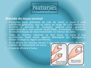 Metodo do muco cervical 
• Produzido pelas glândulas do colo do útero, o muco é uma 
substância gelatinosa, que se altera ao longo do ciclo menstrual. 
Durante o período de ovulação, adquire uma aparência 
esbranquiçada e com grande elasticidade, aumentado a facilidade 
de movimentação de espermatozóides no interior do útero; 
• Todas as manhas, observar se tem muco na vulva e sua 
constituição. Pode existir alguma dificuldade em distinguir-se 
sémen residual ou algum corrimento; 
• Só se deverá ter relações sexuais 3 dias após a ocorrência do ponto 
máximo de elasticidade do muco; 
• A taxa de eficácia é baixa. 
 