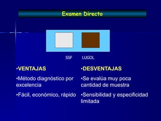 Examen Directo
SSF LUGOL
•VENTAJAS
•Método diagnóstico por
excelencia
•Fácil, económico, rápido
•DESVENTAJAS
•Se evalúa muy poca
cantidad de muestra
•Sensibilidad y especificidad
limitada
 